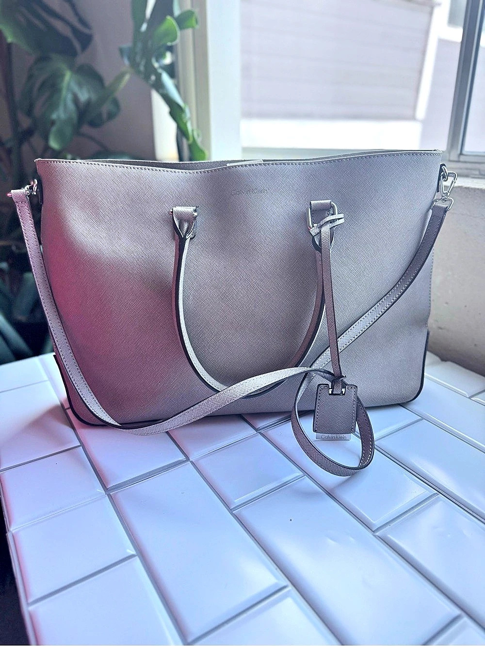 Calvin Klein Large Convertible Laptop Tote – Metallic Taupe